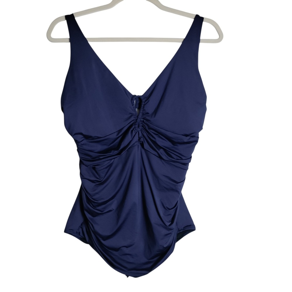 City Chic‎ Navy Blue Ruched V-Neck One Piece Swimsuit Size L/20